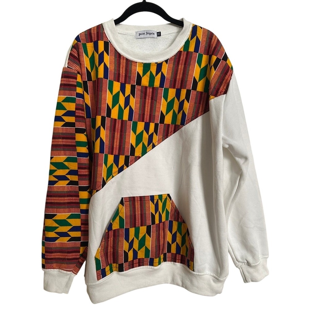 Palm Angels OHEMAA Kente Print Colorblock Sweatshirt Crewneck White 3XL